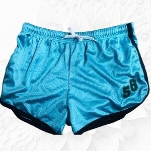 Turquoise Blue Sports Netted Shorts with Black Print